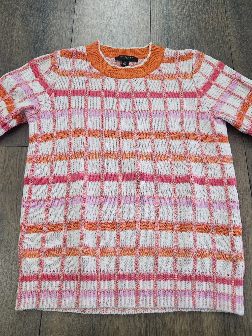 Ann Taylor Pink, Orange & White Checked Crewneck Sweater